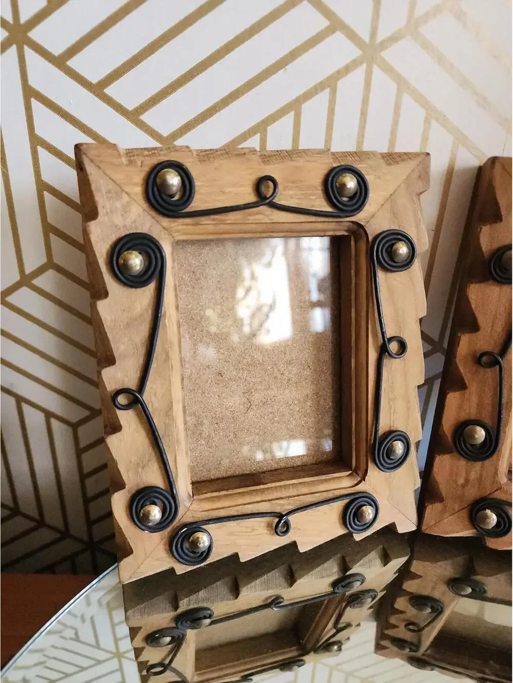 Vintage Handmade Wooden Rustic Photo Frames With Wire Scrolling - Pair 5